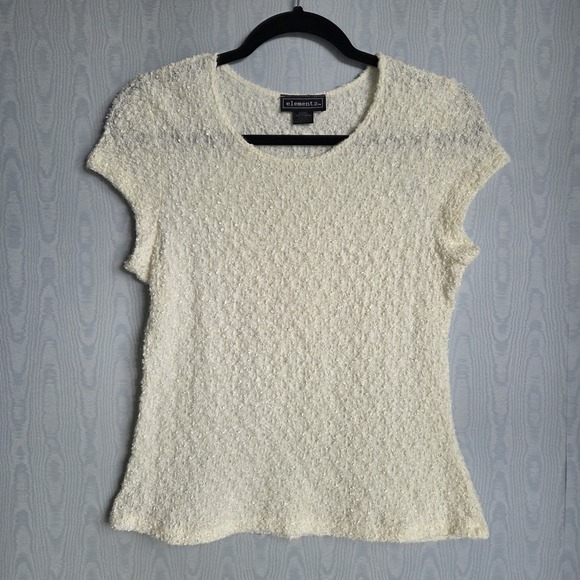 Vtg Elementz XL Y2K Crinkle Fuzzy Texture Sheer Stretch Ivory Off White Baby Tee - Picture 1 of 8